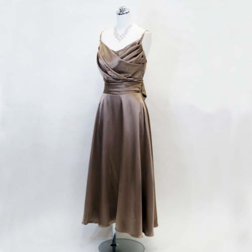 パーティードレス カシュクールサテンドレス ダークブラウン ロング丈 9号
