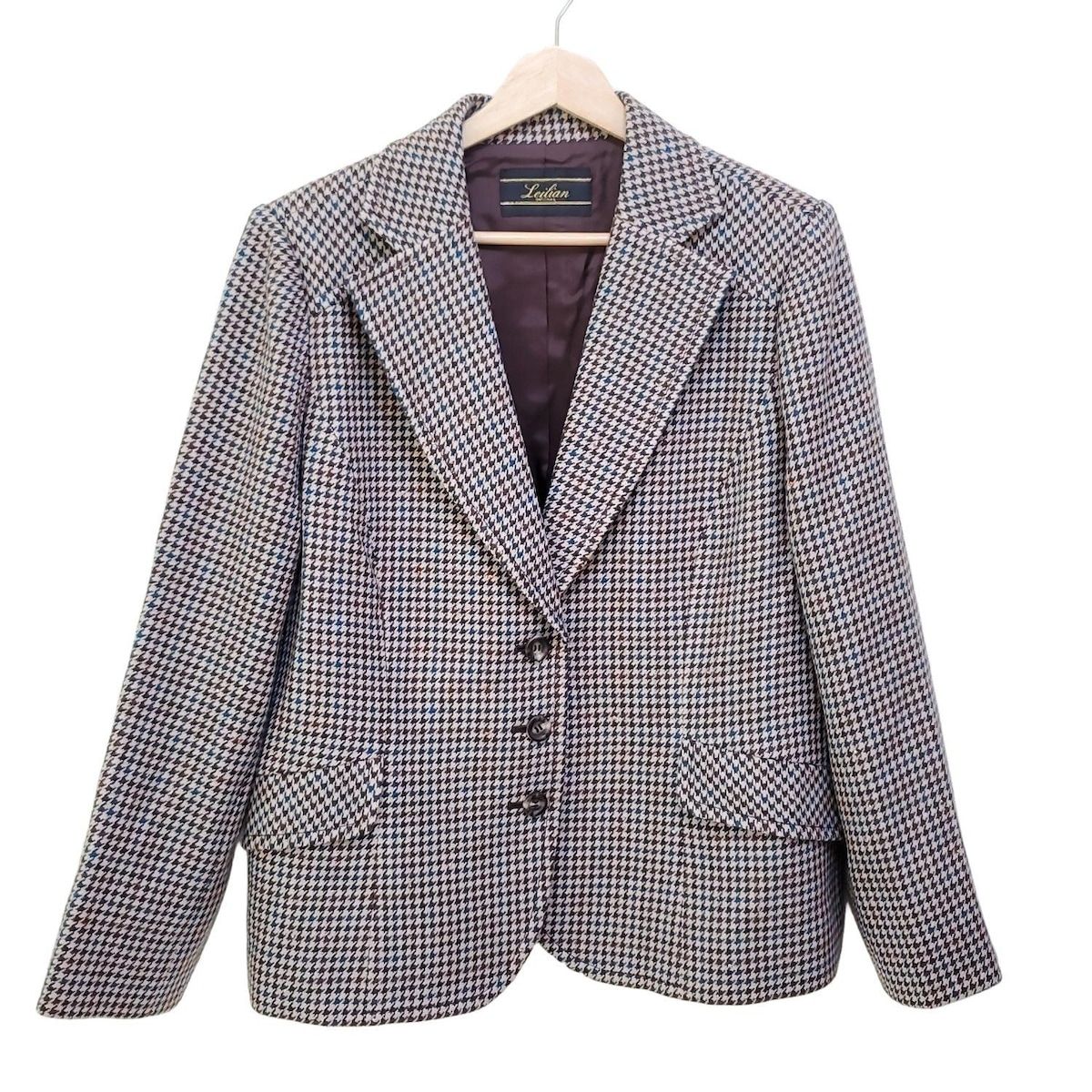 Leilian レリアン ジャケット サイズ13 L レディース - ベージュ×ダークブラウン×ブルーグリーン 長袖 千鳥格子柄 ラメ 秋 冬