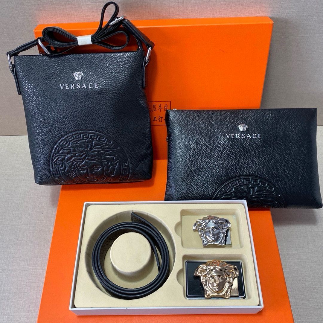 ヴェルサーチ Versace レザー ベルト＆バッグ スーパーセット ギフトボックス付き |