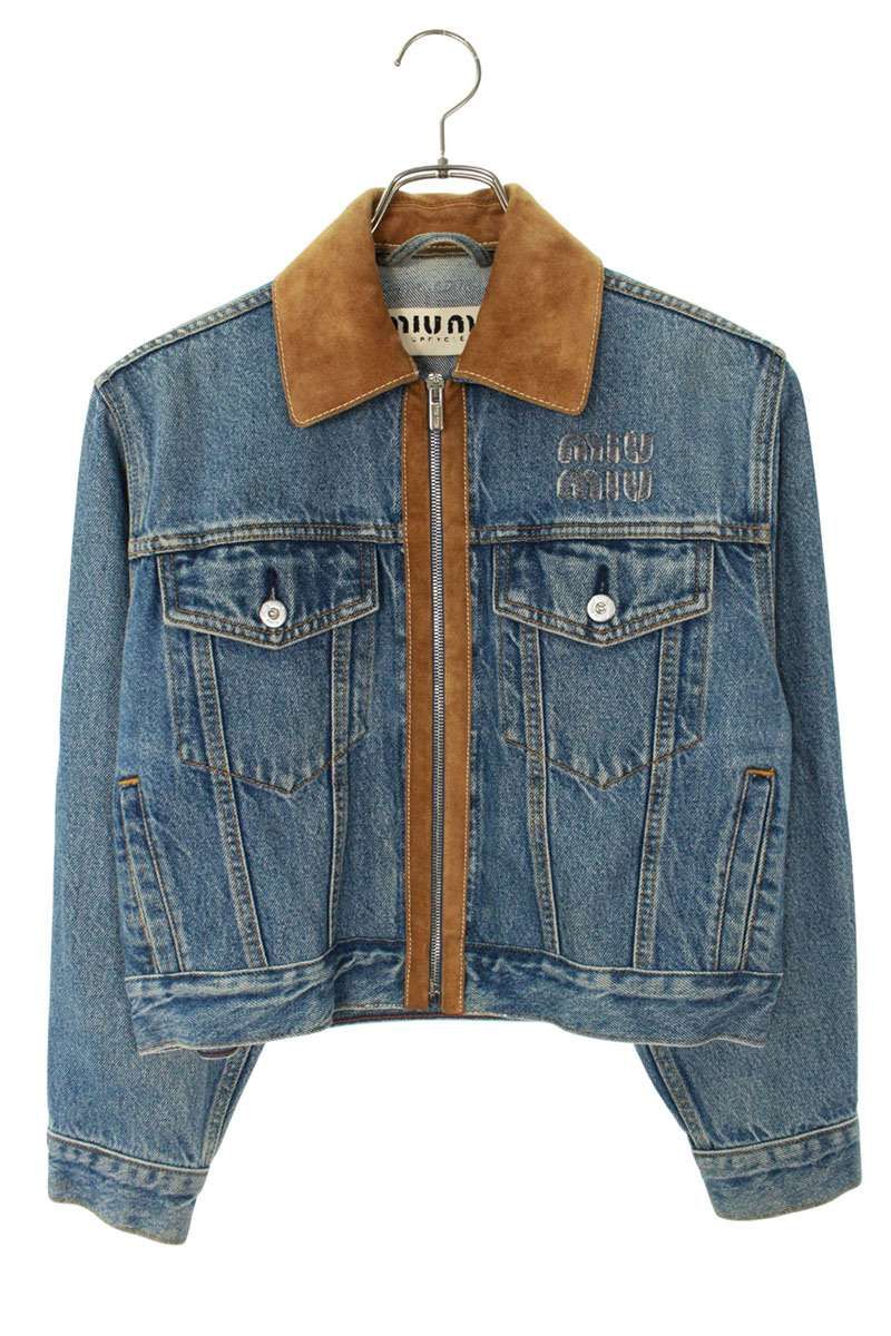 ミュウミュウ GWB207 ロゴ刺繍スエード切替ジップアップデニムジャケット レディース 36