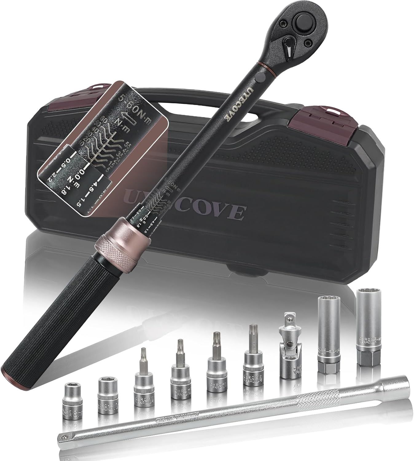 UYECOVE トルクレンチセット バイク プレセット型 差込角9.5 mm (3/8インチ) 5-60N.m 11点セット 車 エンジン オートバイの整備 高精度 ±3％ 見やすいダブル目盛り 左右回転 72ギア 5送り角 快速着脱 