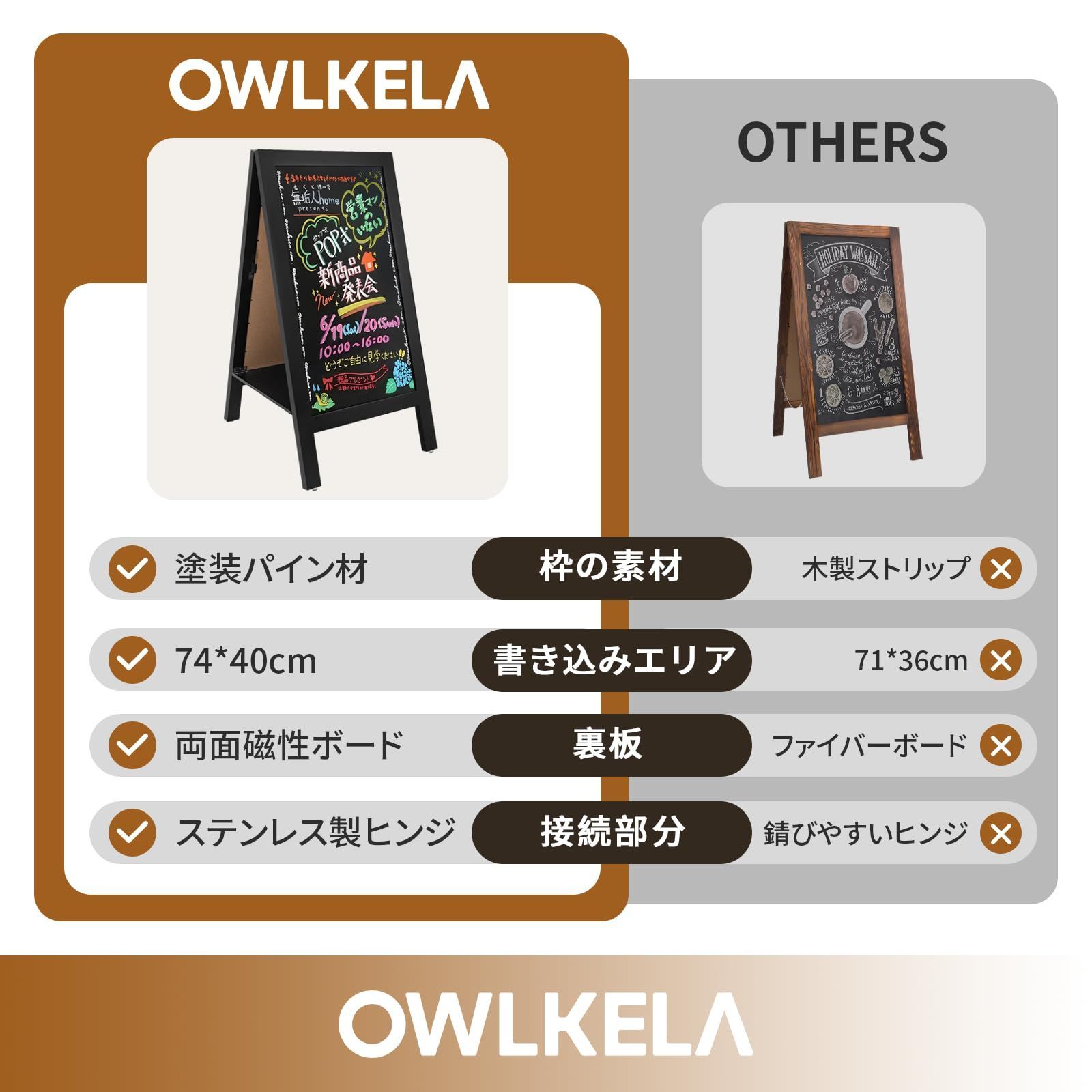 新着商品 ウェルカムボード 転倒防止 看板 屋外 両面 スタンド看板 カフェ 立て看板 レストラン A看板 A型ブラックボード 幅50×高さ100cm OWLKELA MARWIL-DEMENAGEMENTS_CH