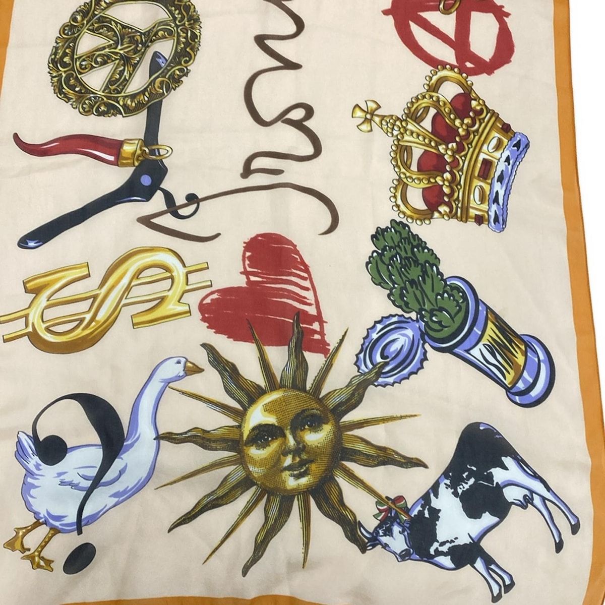 グレー フリンジ付きマフラー 赤いハート刺繍 Moschino テディベア刺繍