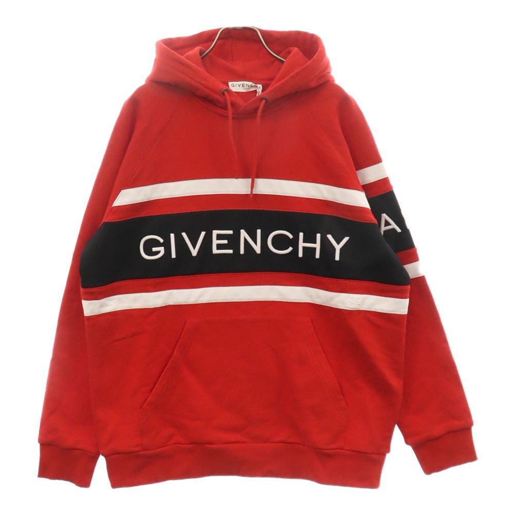 GIVENCHY (ジバンシィ) コントラストストライプロゴ スウェット プルオーバーパーカー レッド/ブラック/ホワイト BMJ02L3Y3P