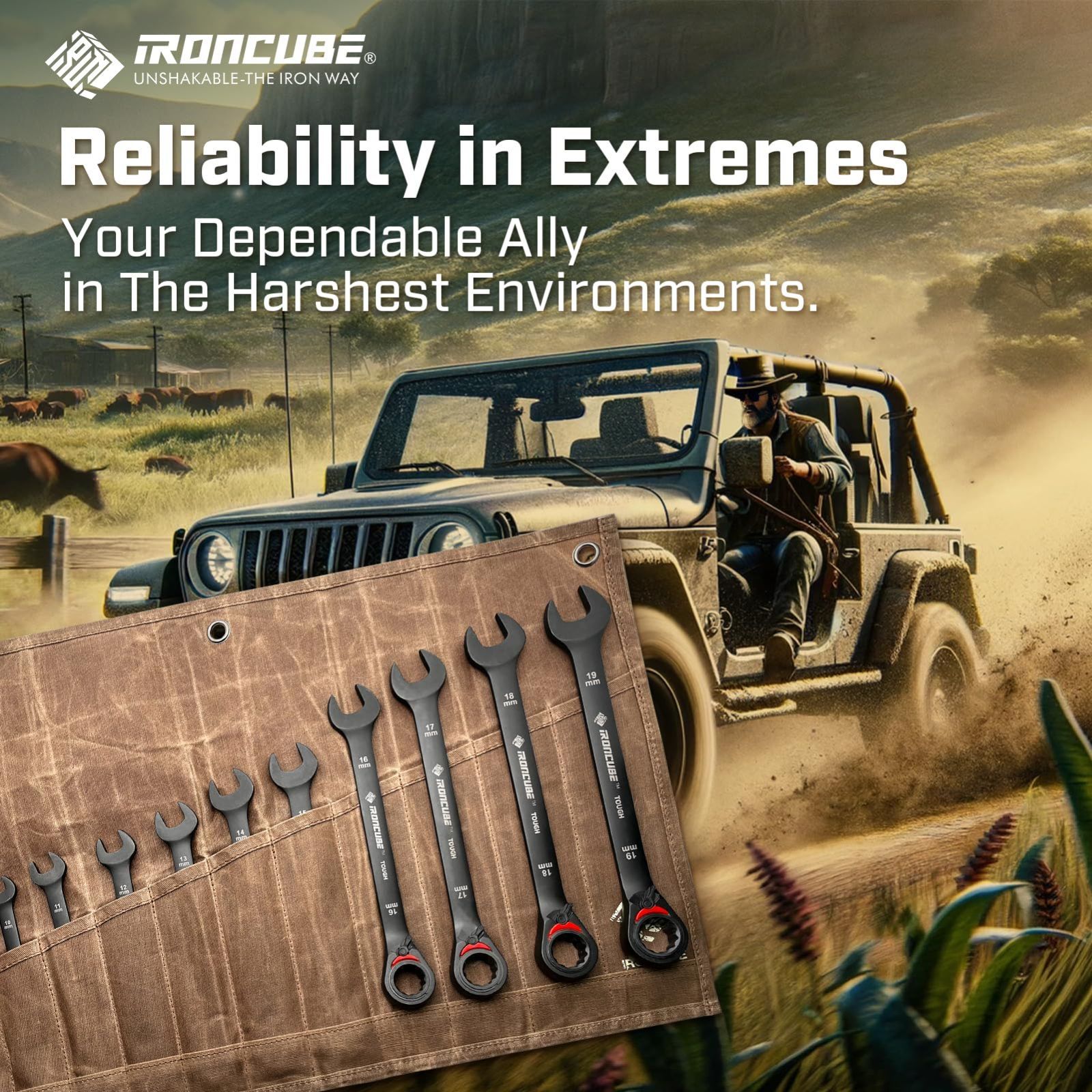 IRONCUBE ワックスポーチ付き タフブラック仕上げCR-V鋼製 - 8-19mm 12本組 収納便利 リバーシブルレンチセット 父の日プレゼントに最適 72歯 整備士用 DIY工具 ラチェットレンチ