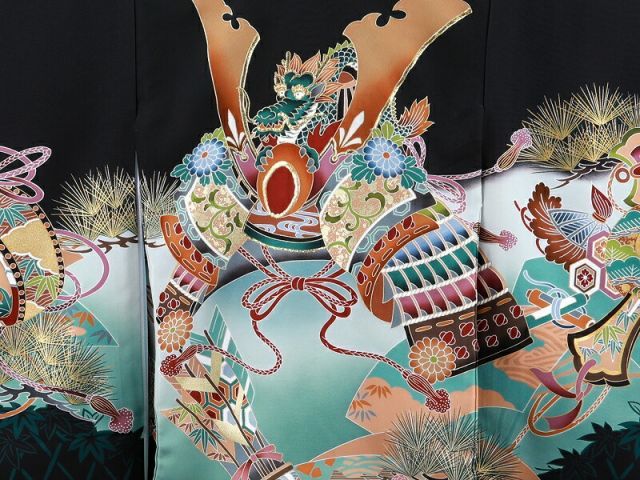 お宮参り 着物 金刺繍入り 長襦袢 セット 男児 男の子 子供 産着 祝着 黒地 兜 ud-250