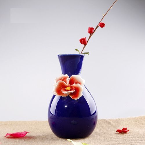 【訳あり】フラワーベース 花瓶 地中海風 大きな花 陶器製 (ブルー)