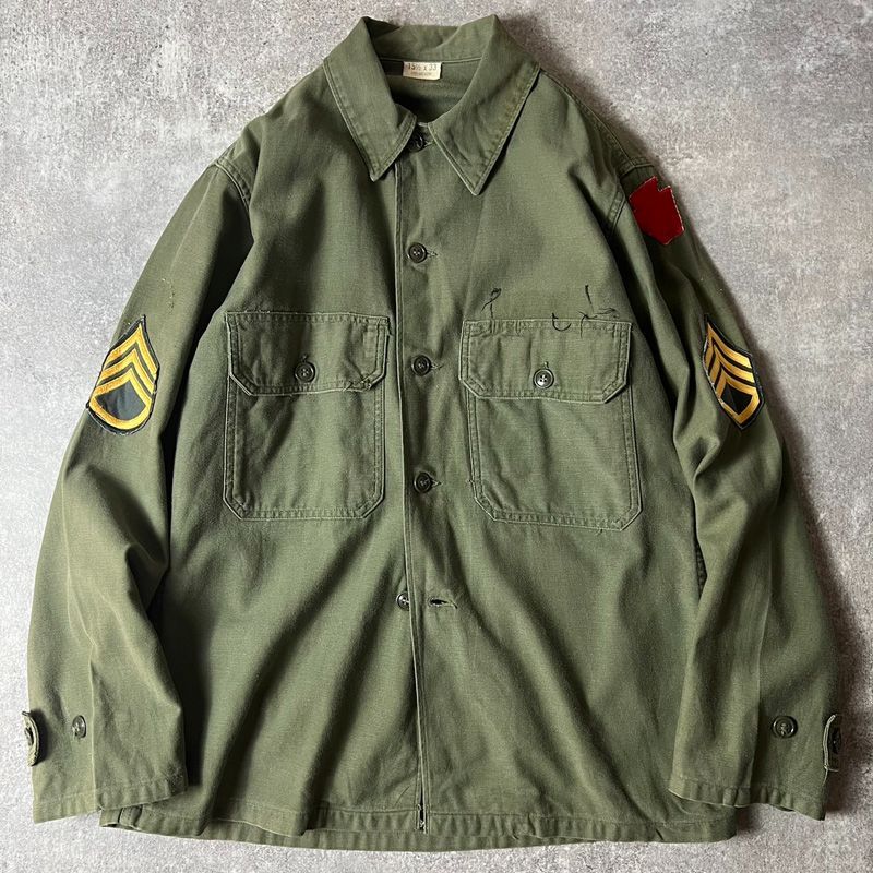 60s US ARMY 米軍実物 OG-107 コットン サテン ユーティリティ シャツ 15 1/2 2nd 筒袖 / 60年代 ビンテージ ミリタリー ジャケット