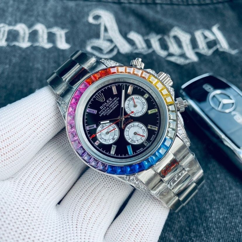【レインボーダイヤ】ロレックス デイトナ 40mm｜虹彩ベゼル×3眼6針｜イタリアンゴムベルト/強化ガラス