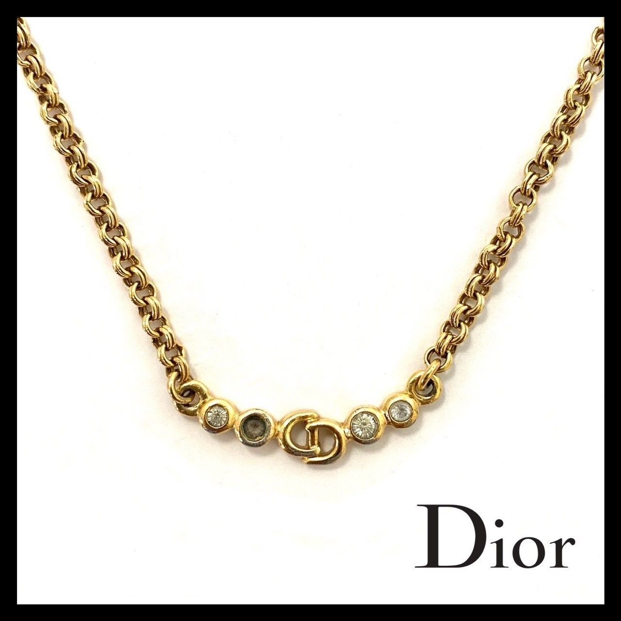 Y【Dior】CDロゴ ラインストーン ネックレス ゴールド/金 カラー