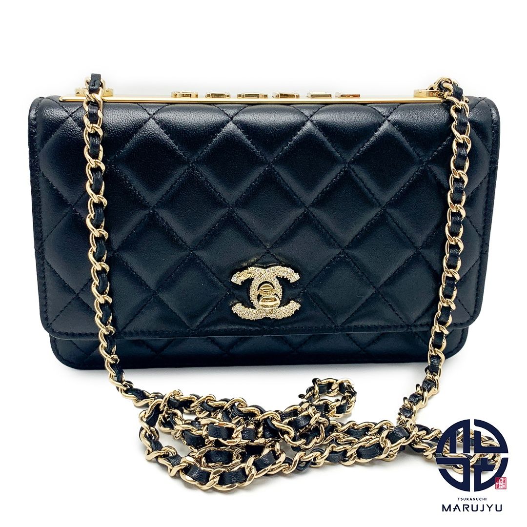 CHANEL シャネル 黒 ブラック ラムスキン CCストラス ロゴ トレンディCC 24SS チェーンウォレット A80982B サイフ 財布 ショルダーバック