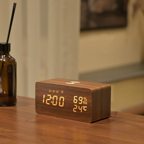 ブラウン Electime 目覚まし時計 置き時計 おしゃれ スマホ充電 デジタル 多機能 木目 充電led時計 アナログ Qiワイヤレス 温度/湿度/アラーム 自動輝度調節 自動調光 おしゃれ USB給電 アラーム