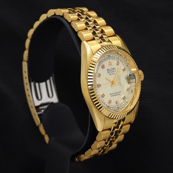稼働 エルジン FK-329-A 石付 デイト ラウンド QZ ゴールド文字盤