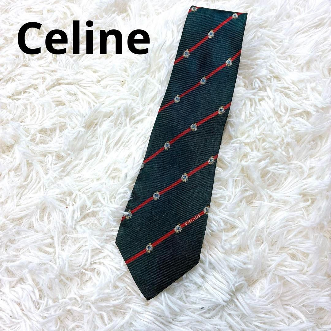 セリーヌ　ネクタイ　マカダム　トリオンフ　ストライプ ドット　チェック CELINE ネクタイ トリオンフ ドット グリーン シルク100% ロゴ