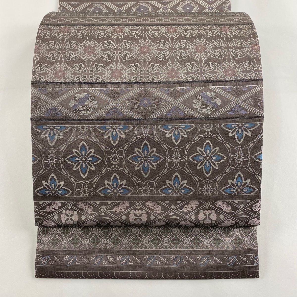 袋帯 落款 華文 縞 箔 茶紫 全通 正絹