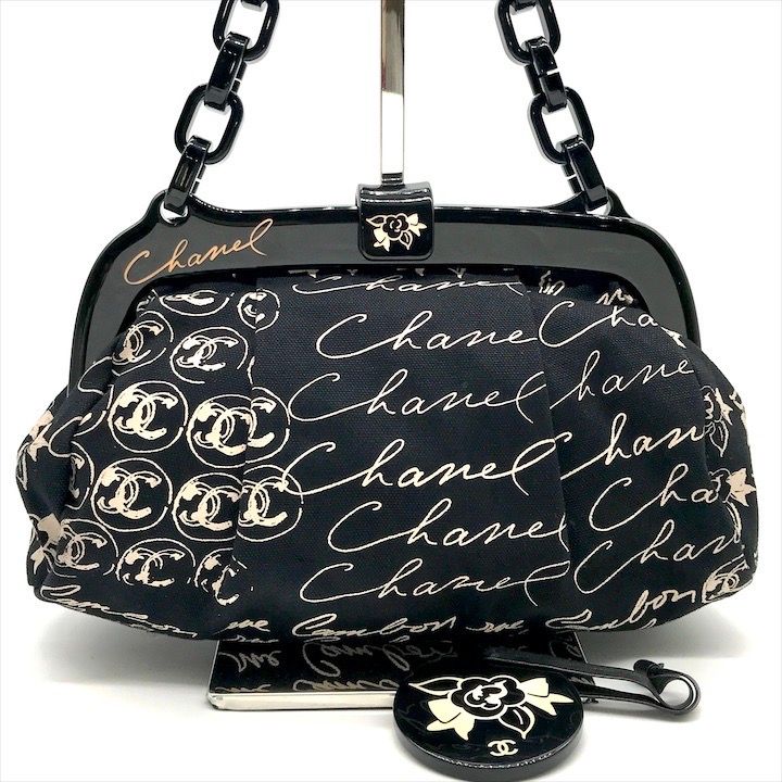 美品 CHANEL シャネル ココマーク クルーズライン キャンバス がま口 プラチェーン ショルダー バッグ ミラー付き ブラック a3591