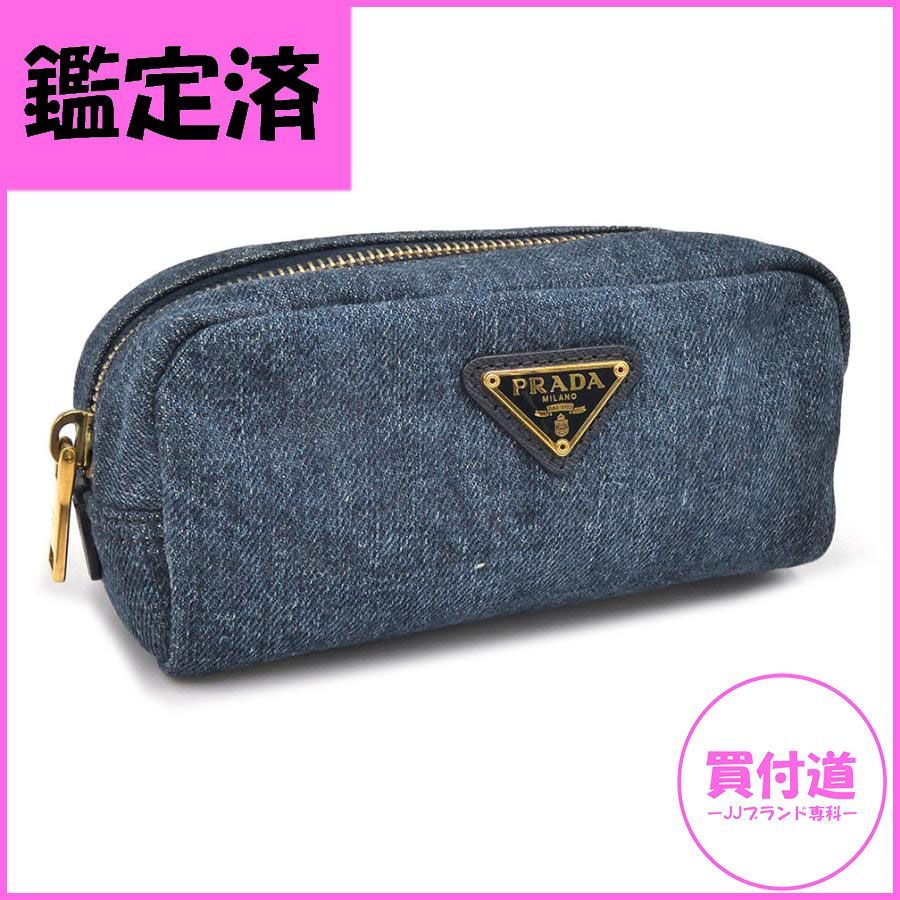 プラダ ポーチ PRADA デニムキャンバス 三角ロゴ 化粧ポーチ メイク 