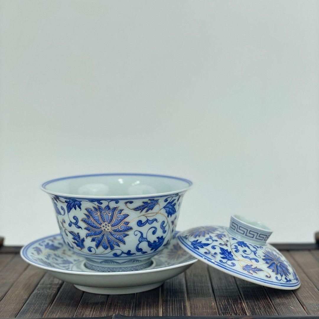 中国茶器 景徳鎮 締め金糸青花磁蓋碗 茶碗 煎茶器 新品未使用