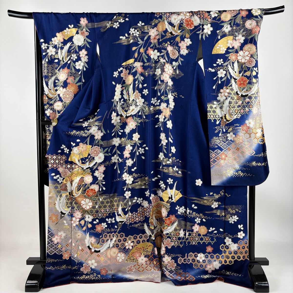 振袖 身丈173cm 裄丈70cm L 袷 鶴 枝垂れ桜 金糸 金彩 紺色 正絹 名品