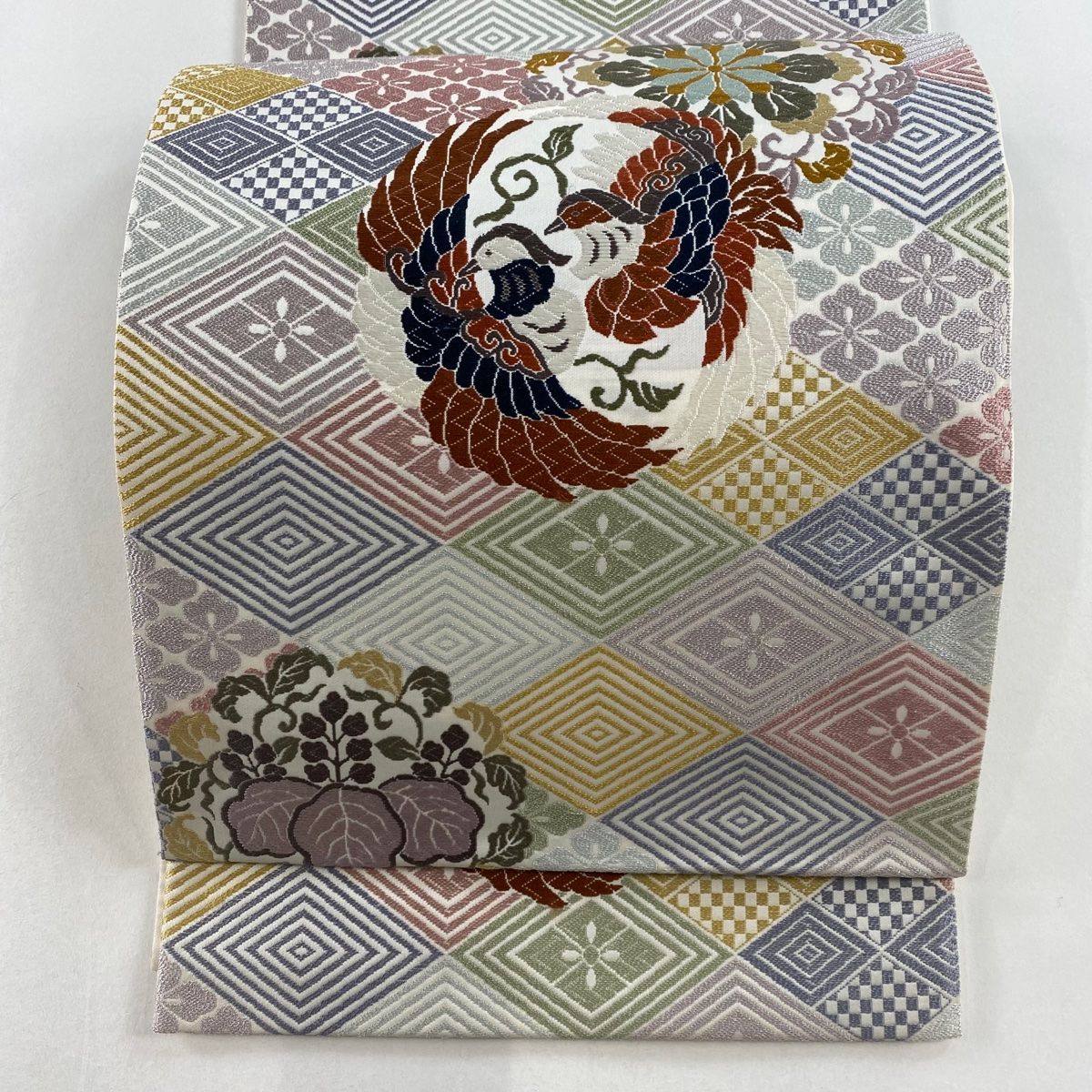 袋帯 名品 華文 鳥 唐織 灰白 六通 正絹