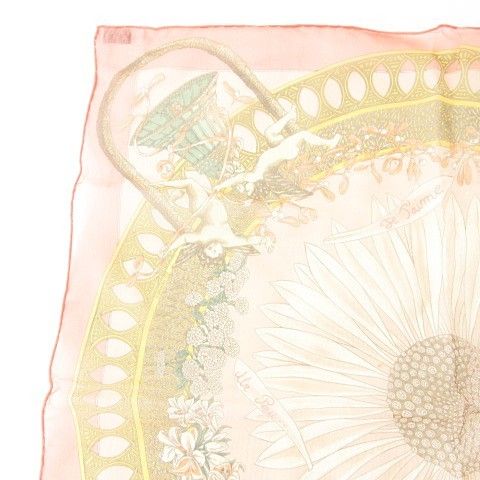 エルメス HERMES カレ45 Je T aime passionnement un peu ひまわり スカーフ スクエア 総柄 薄手 シルク フランス製 サーモンピンク ORG AA