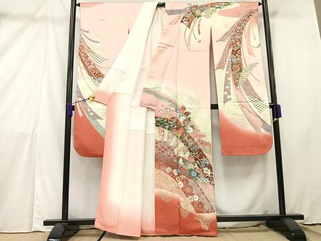 振袖 金駒刺繍 裄67.5 豪華金彩 鴨 素敵なデザイン 正絹 AK-4461 振袖 金駒刺繍 金彩 裄66.5 市松の地模様 着物 正絹 T-8687