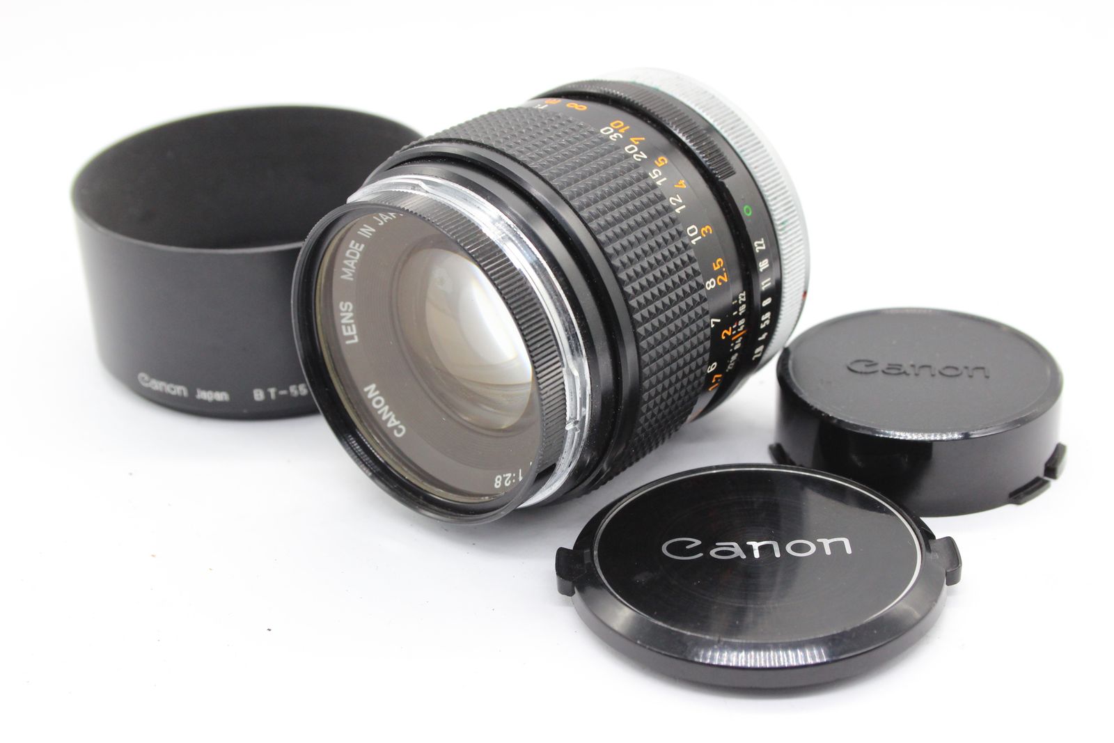 【返品保証】 【貴重なOマーク品】 キャノン Canon FD 100mm F2.8 前後キャップ、フード付き レンズ s3096