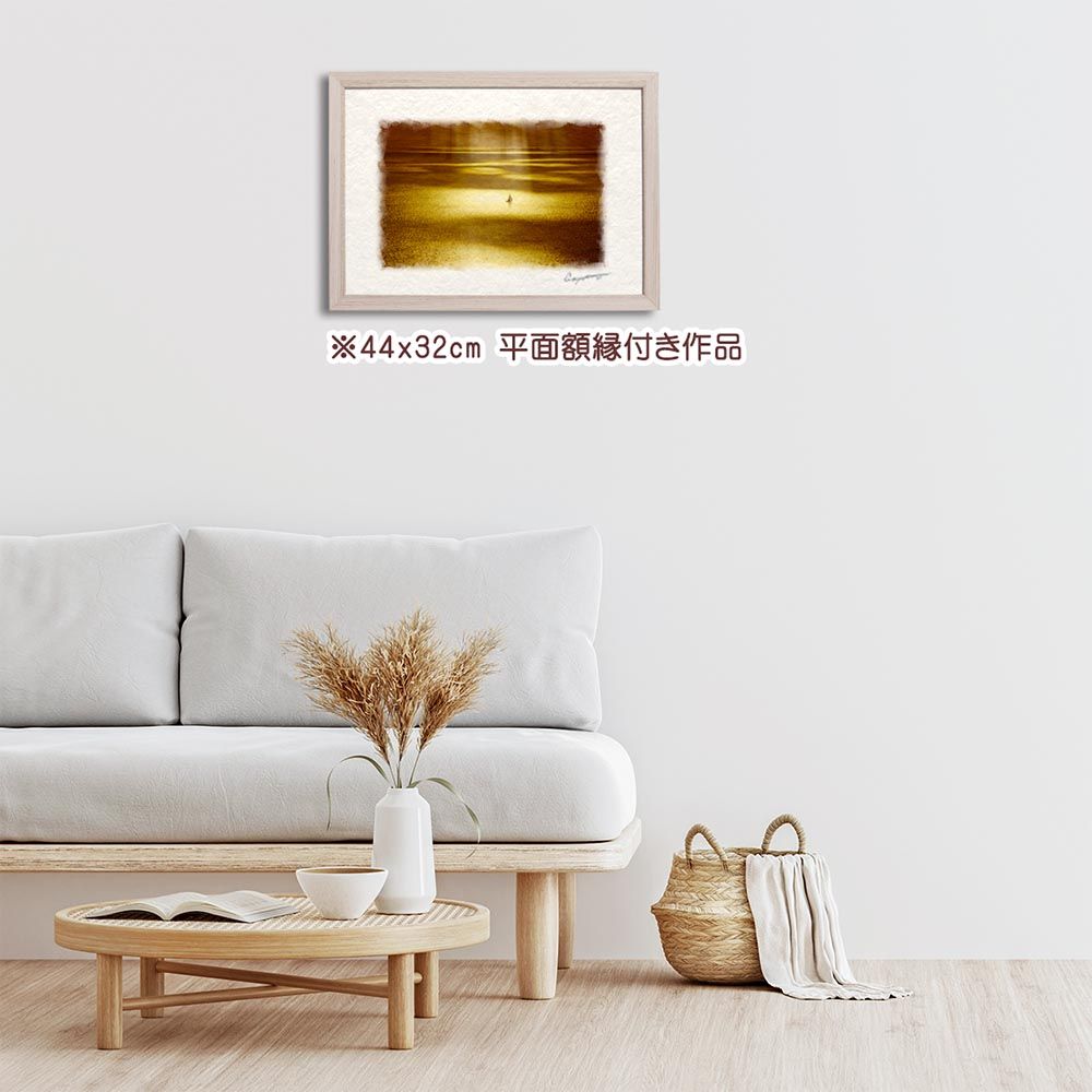 和紙の絵写真 「雲間の光芒とヨット」 平面額縁付き 44x32cm 絵画