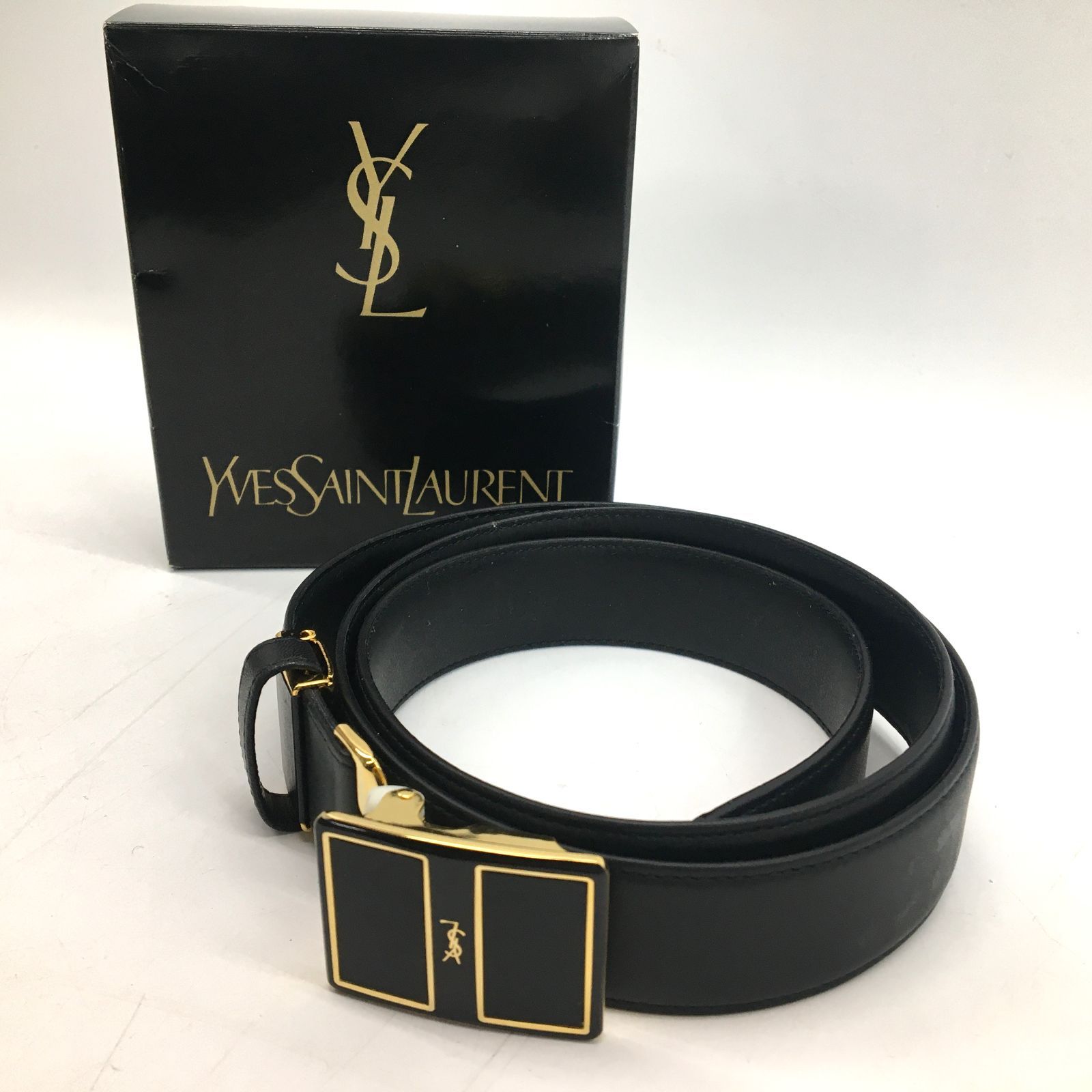 未使用保管品？ Yves Saint Laurent イヴサンローラン YSL レザー ベルト ブラック 黒 ゴールド金具 メンズ レディース 箱付き  24g菊HG - メルカリ