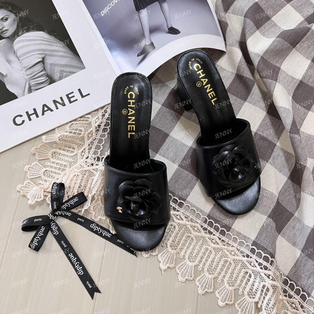 CHANEL シャネル椿ヒールサンダル   ブラック