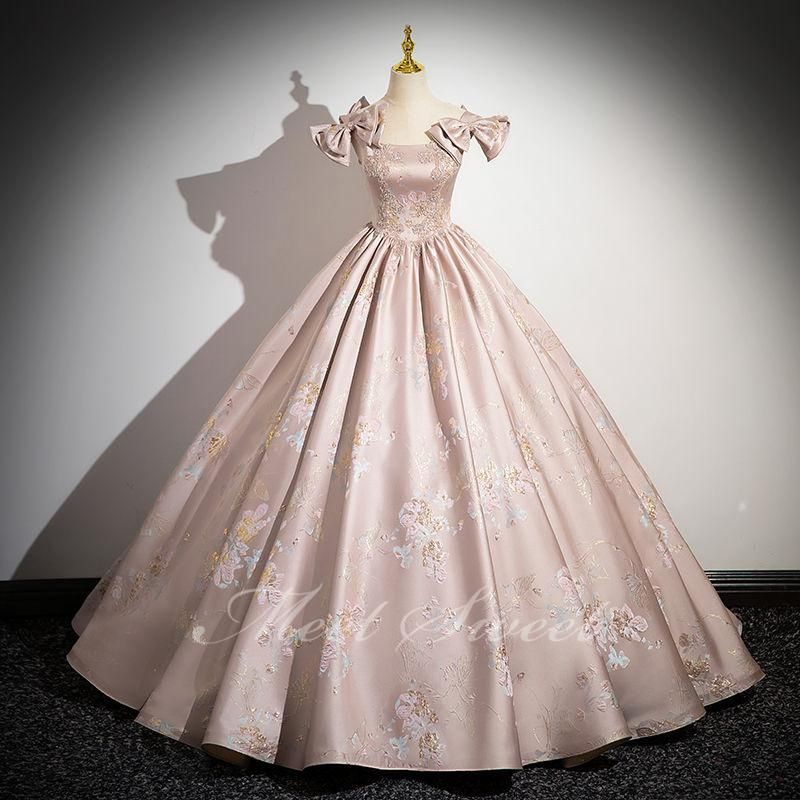 ドレス Aラインドレス ピンク 花柄 リボン 袖なし サテン ロングドレス ウェディングドレス 結婚式 二次会 花嫁 前撮り 演奏会 発表