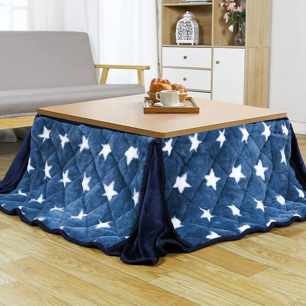 方形 洗える 約180x220cm ブルー 星柄 ラビットファー ふわふわ感触フランネル生地 掛け布団単品 こたつ掛け布団 こたつ布団 省スペース JEMAジェマ