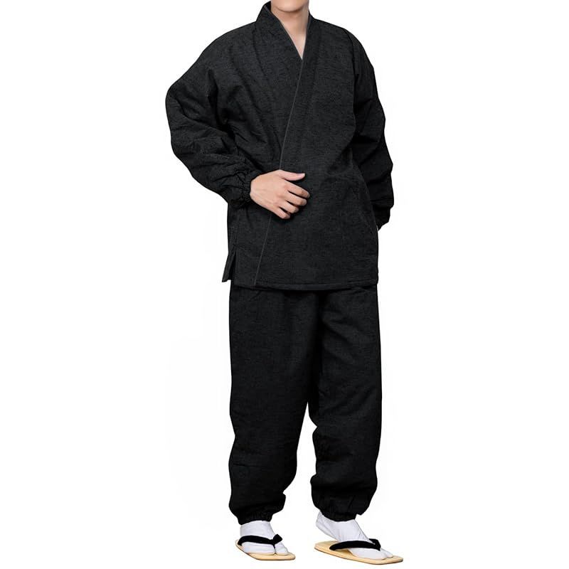 キョウエツ 作務衣 冬用 中綿入り 紬風生地 フリース裏地 16 メンズ LL 黒