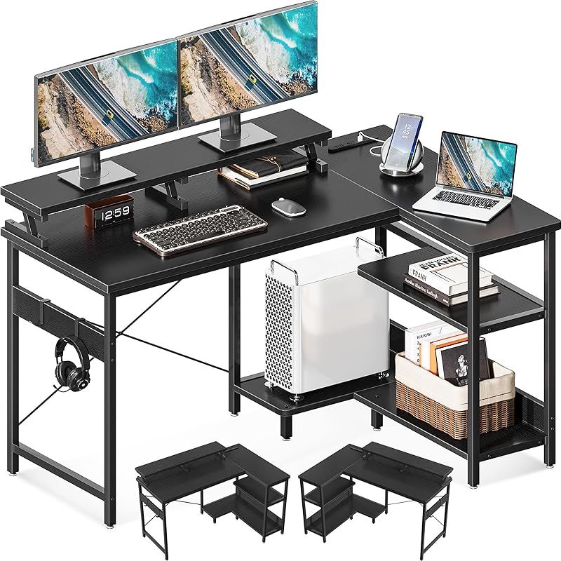 ODK l字デスク パソコンデスク L字型 ゲーミングデスク 机 幅120cm pcデスク コンセント付き コーナーデスク ラック付き 収納 オフィスデスク 省スペース 在宅勤務 組立簡単 書斎 ブラック 1