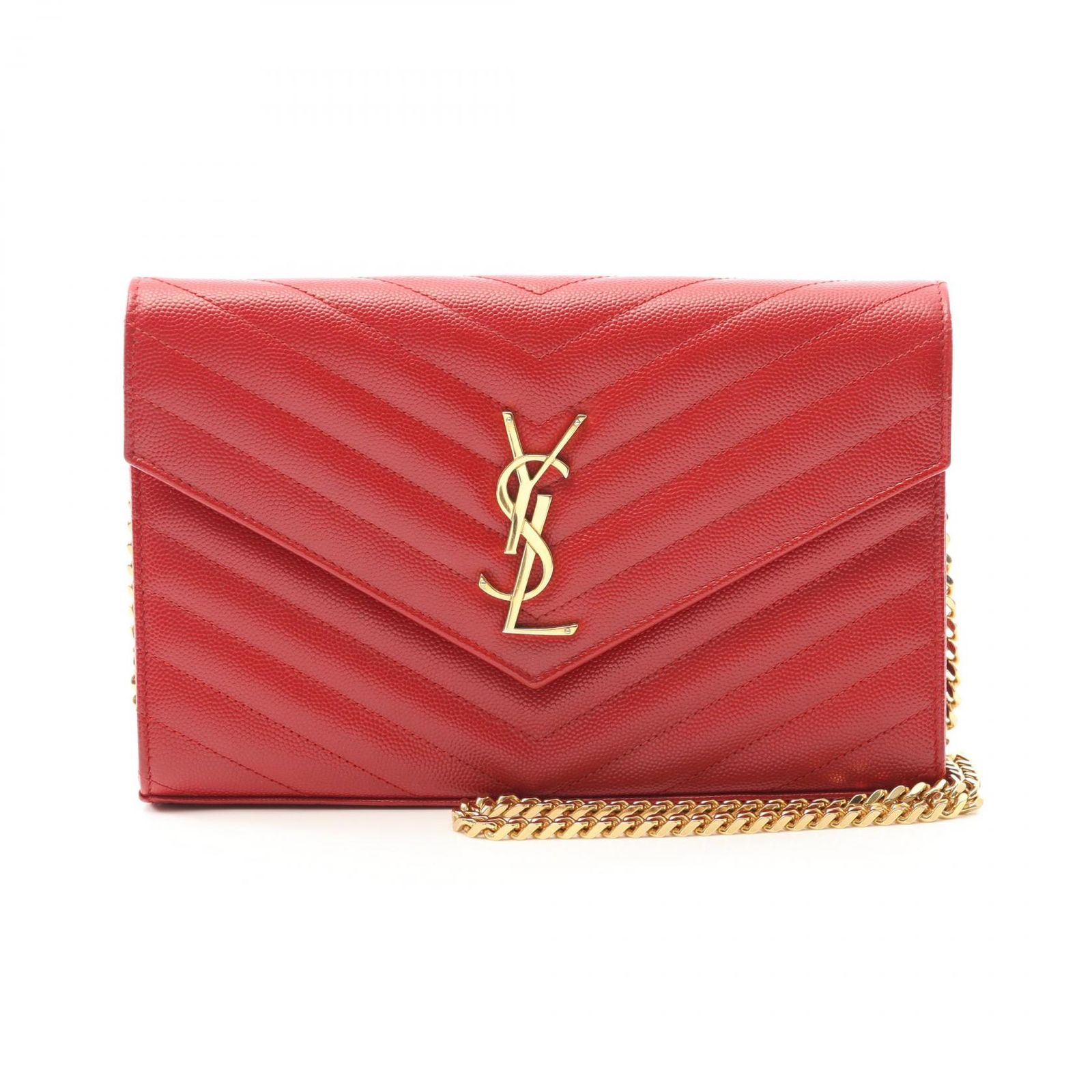 イヴ サンローラン YVES SAINT LAURENT ショルダーバッグ カサンドラ クラシック 377828 レッド レザー カサンドラ チェーンウォレット レディース Used A