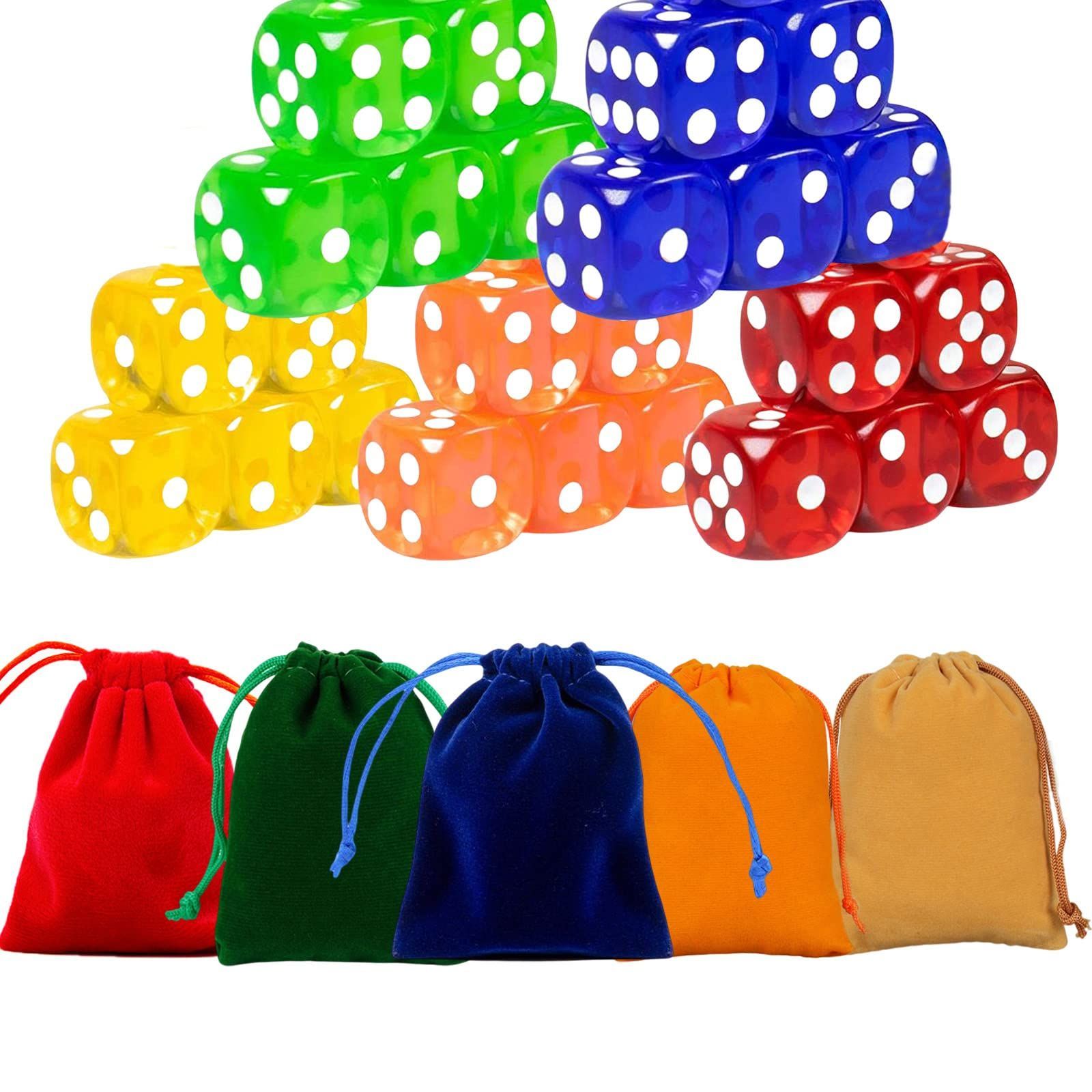 【特価商品】25個 カードゲーム 六面 ボードゲーム 5色 ダイス （レッド、ブルー、グリーン、白、ブラック）5色収納袋付き サイコロ