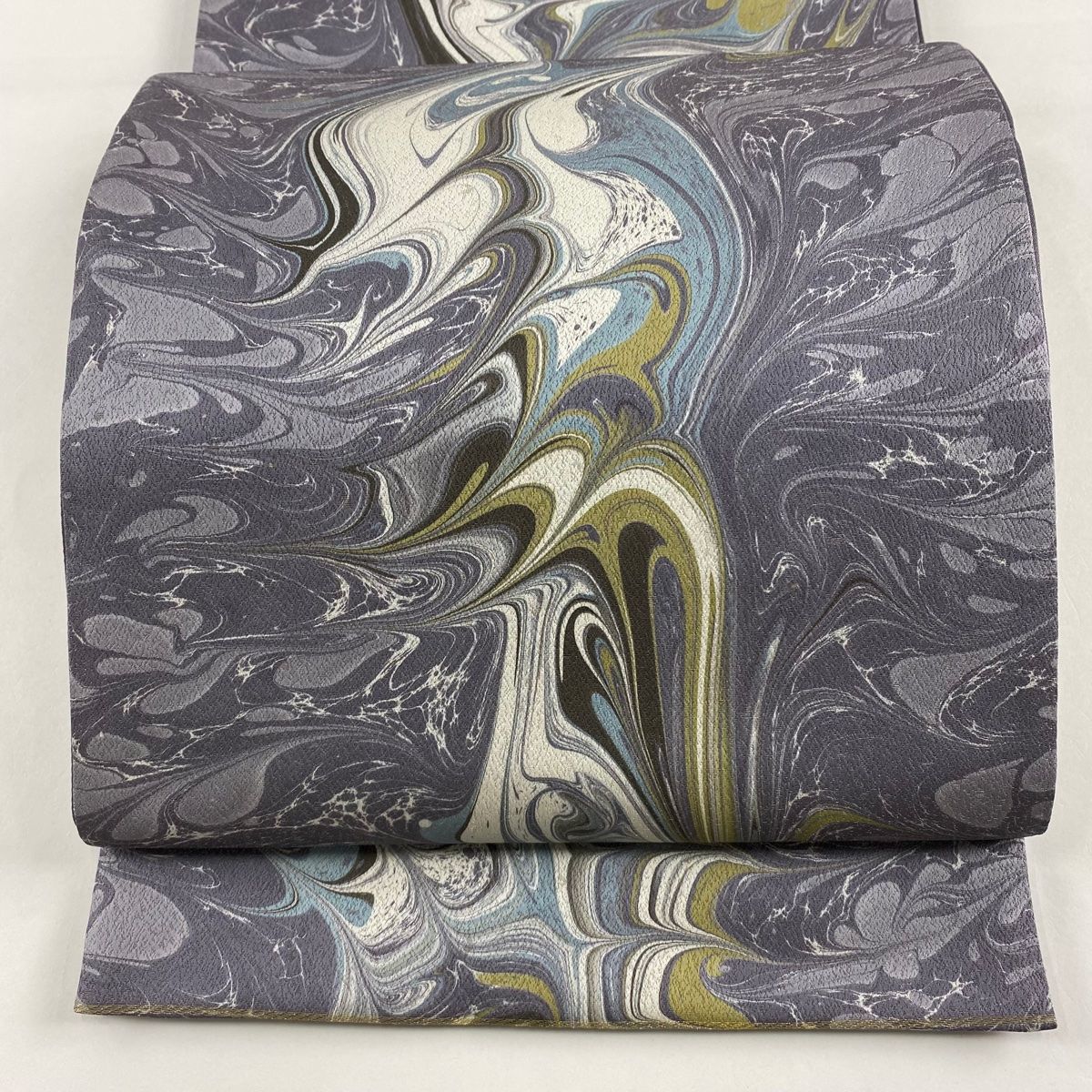 袋帯 秀品 関西仕立て 墨流し 銀糸 紫 全通 正絹