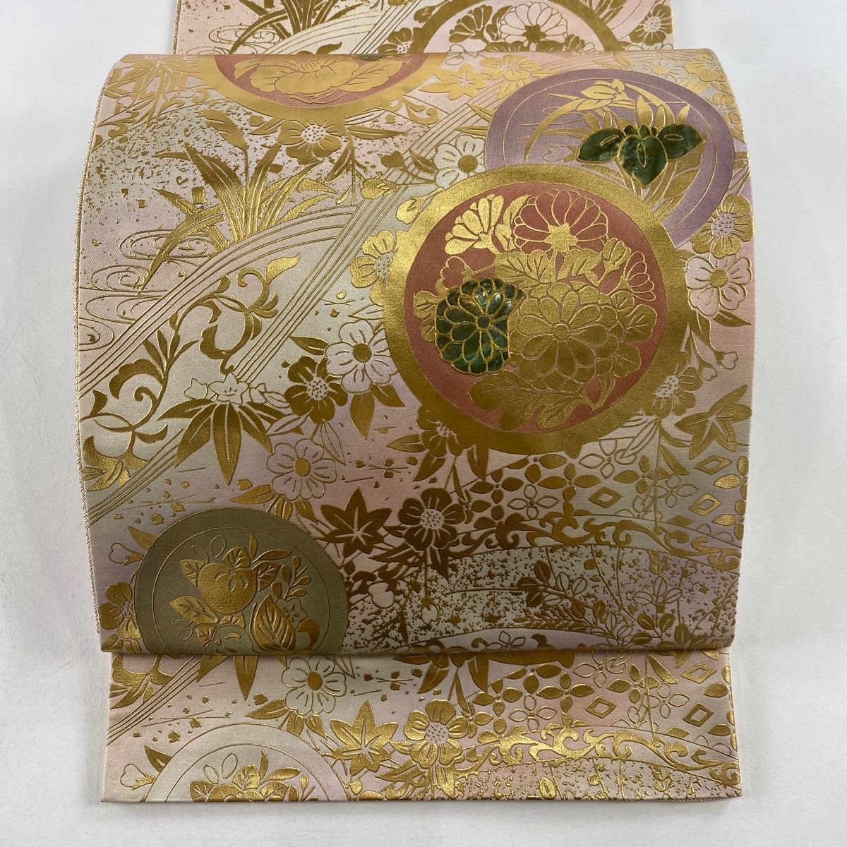 袋帯 秀品 丸文 草花 金彩 螺鈿 金色 お太鼓柄 正絹