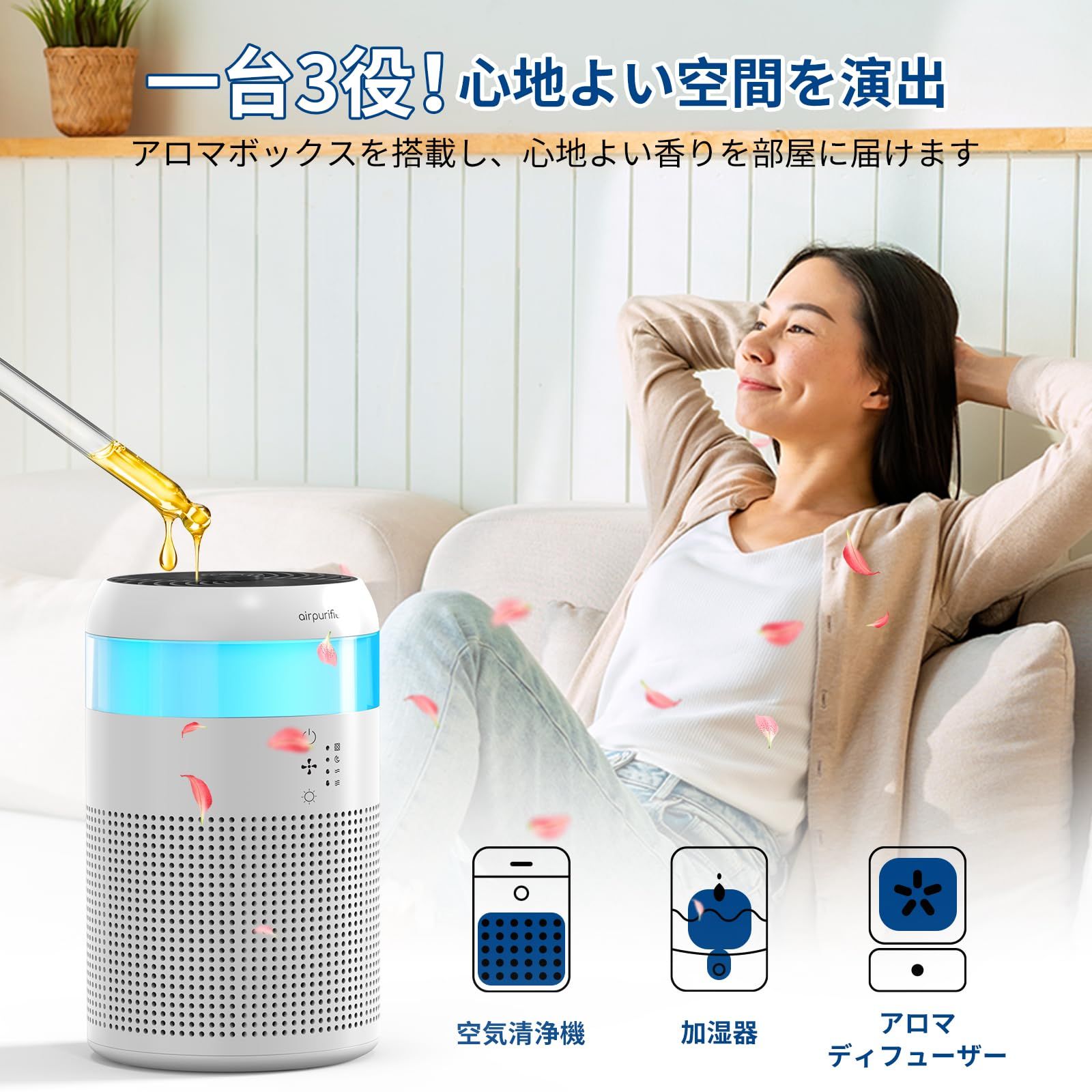 Yurioo 加湿器付き 空気清浄機 小型強力浄化-アロマ対応-七色ライト付き 13畳 脱臭 集じん 除菌 3段階風量調節 HEPAフィルター 花粉 ハウスダスト PM2.5 アレルギー対策 ペット 静音 省エネ コンパクト Demi Pro WWW_KANDAIZUMI_COM