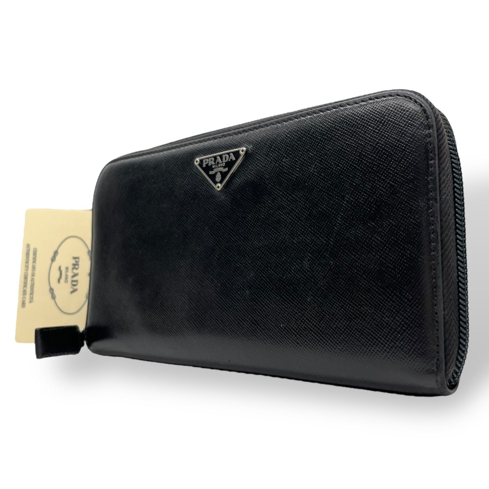 PRADA 三角プレート サフィアーノ ラウンドジップ レザー 黒 美品○ PRADA プラダ 長財布 ラウンドファスナー 三角ロゴ