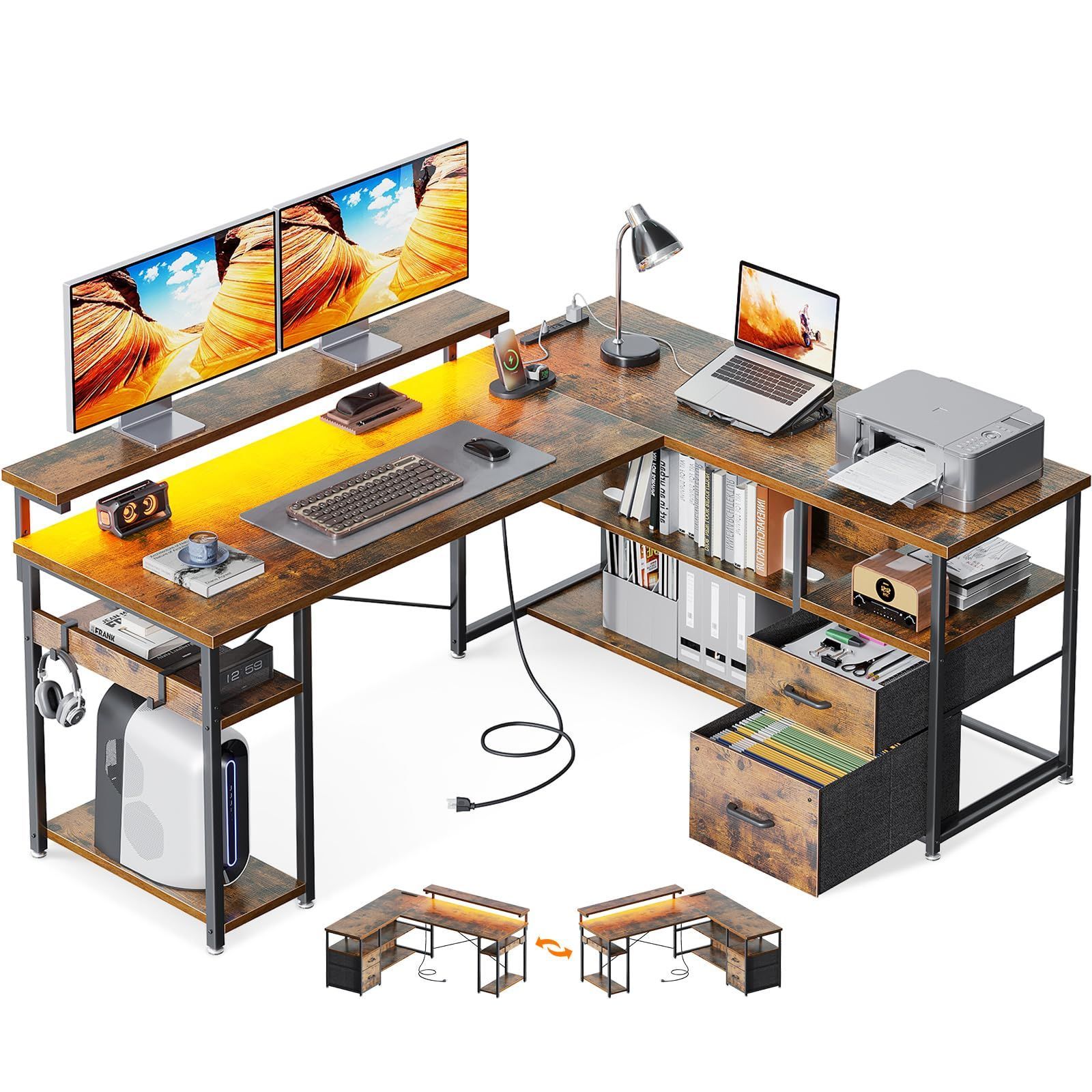 在庫処分 pcデスク 棚付き コーナーデスク 幅135cm 収納 机 エル字デスク デスク オフィスデスク l字デスク コンセント付き 仕事用 ゲーミングデスク 在宅勤務 引き出し付き 組立簡単 パソコンデスク ビンテージ ODK