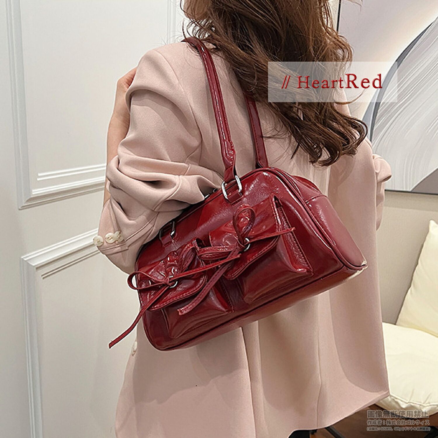 リボン付き エナメル ミニボストン ショルダー バッグ ツインポケット