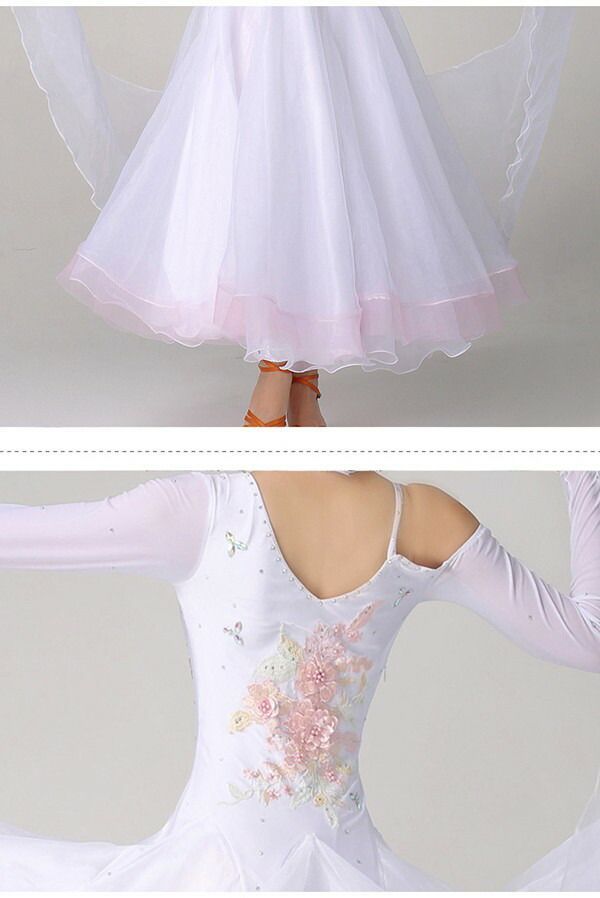 社交ダンスドレス フロート 上品 競技用 社交ダンス衣装 ワンピース ドレス キラキラ 社交ダンス ダンスウエア 広がる 舞台 豪華 長袖 ワルツ 発表会 団体 パーティー デモ 白 S M L XL 2XL 3XL LLC-HASEGAWATOSO_COM