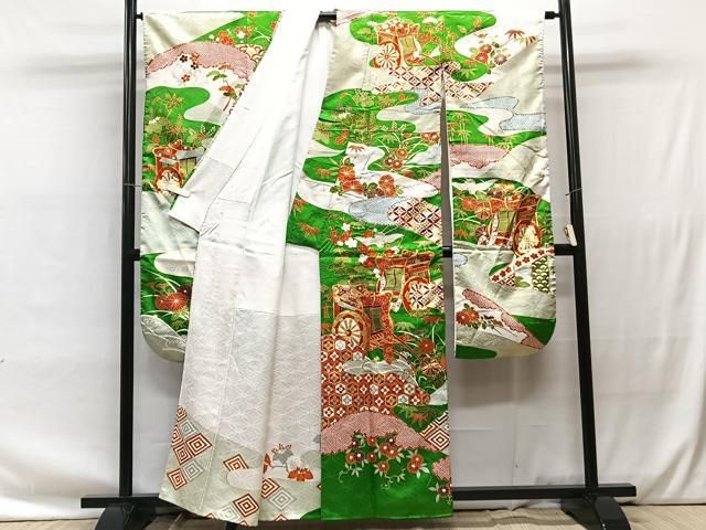 豪華振袖　駒刺繍　花車文　金彩　金通し地　正絹　逸品　身丈160.5　裄63.5 平和屋着物□豪華振袖 駒刺繍 総刺繍 吉祥花文 金彩 正絹 逸品