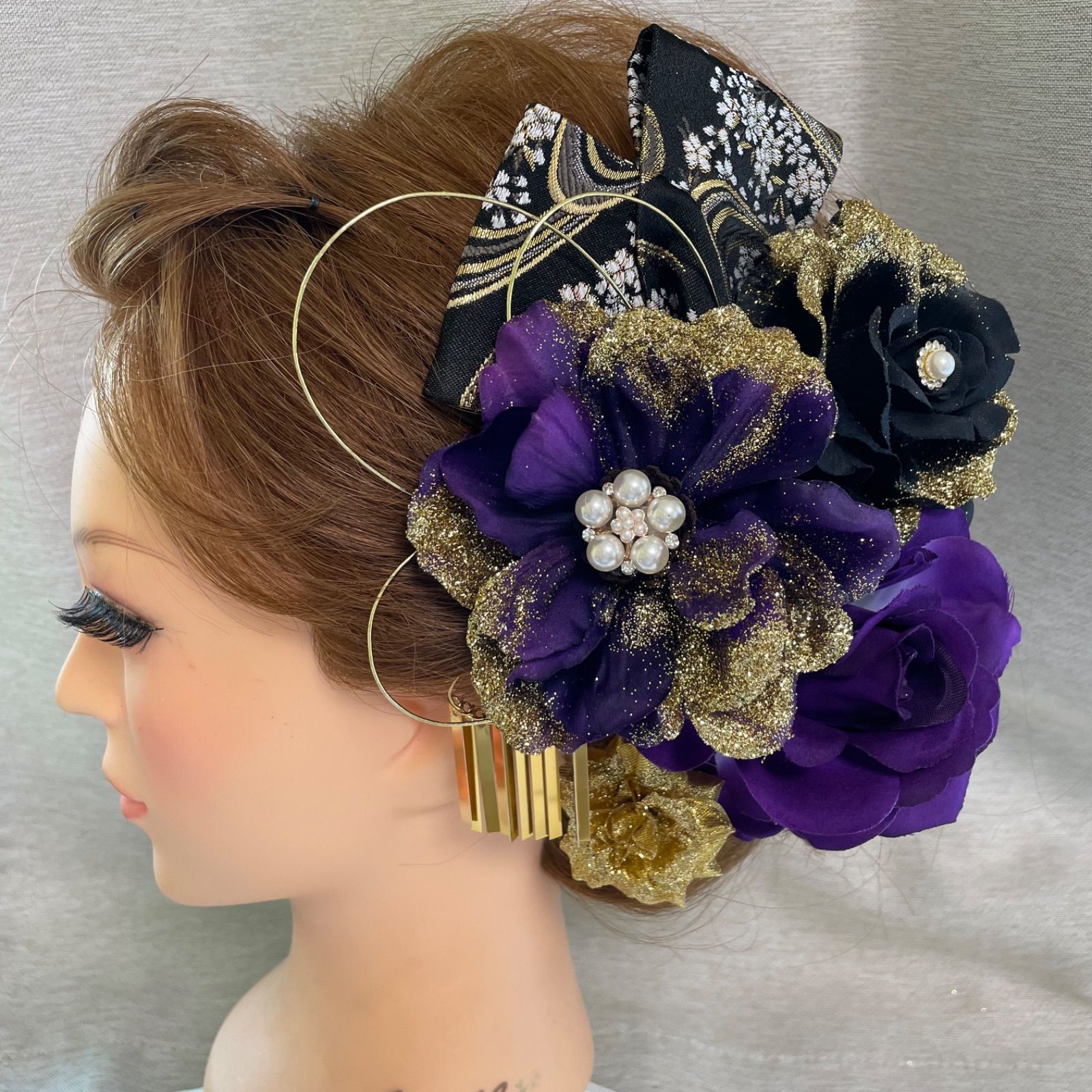 レジンヘアゴム 大ぶり 紫陽花リース ちょうちょ 雫