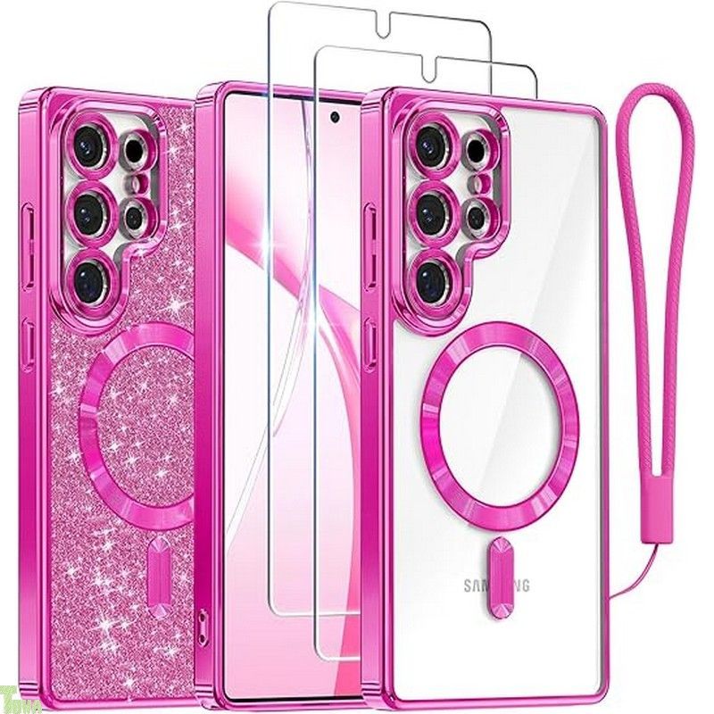 Meifigno ケース Samsung Galaxy S25 Ultra 6.9インチ用 [MagSafe対応] [スクリーンプロテクター2枚] [グリッターカードu0026リストストラップ] サラウンドレンズ保護 ホットピンク