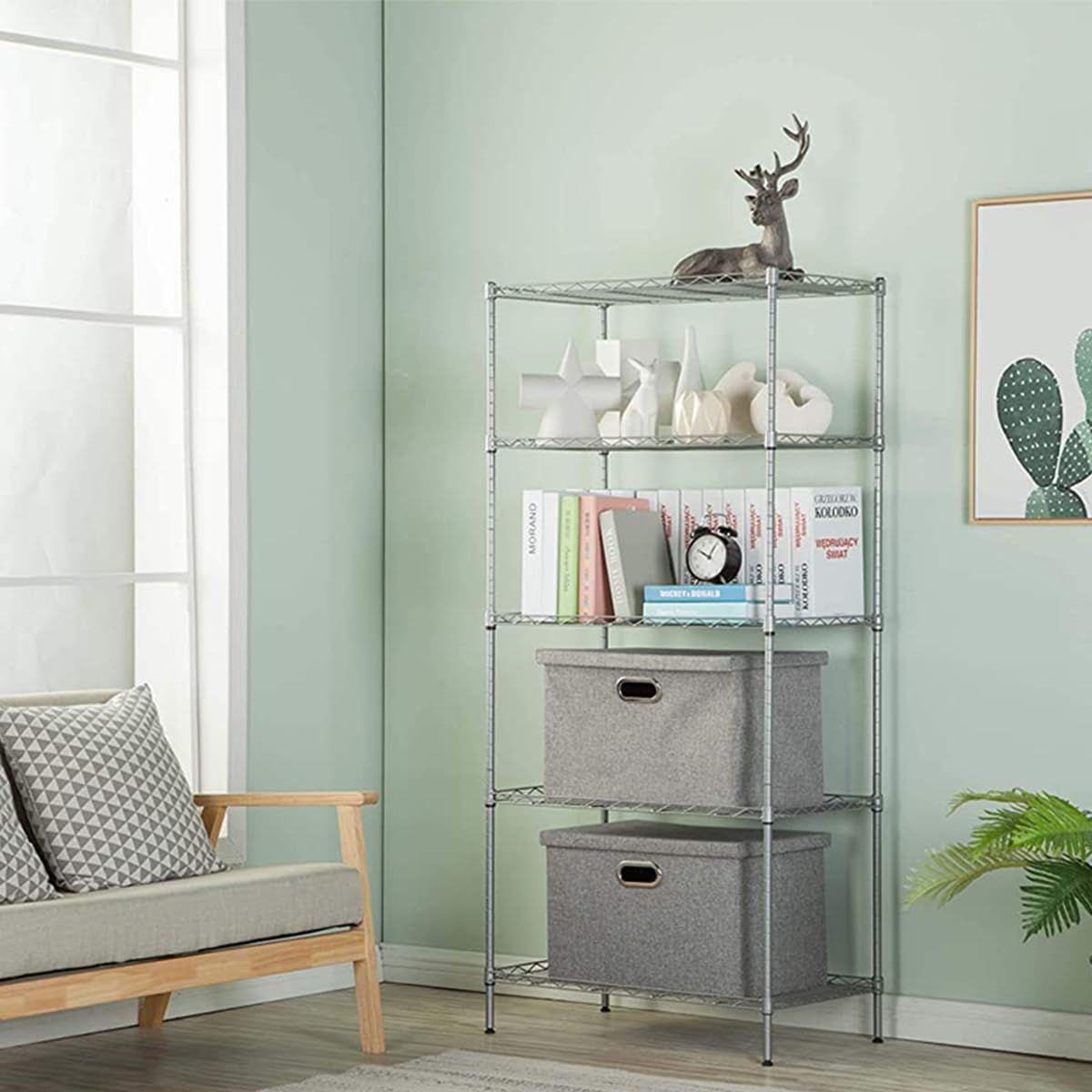 スチールラック】5段シルバー スチールラック キャスター付き ①