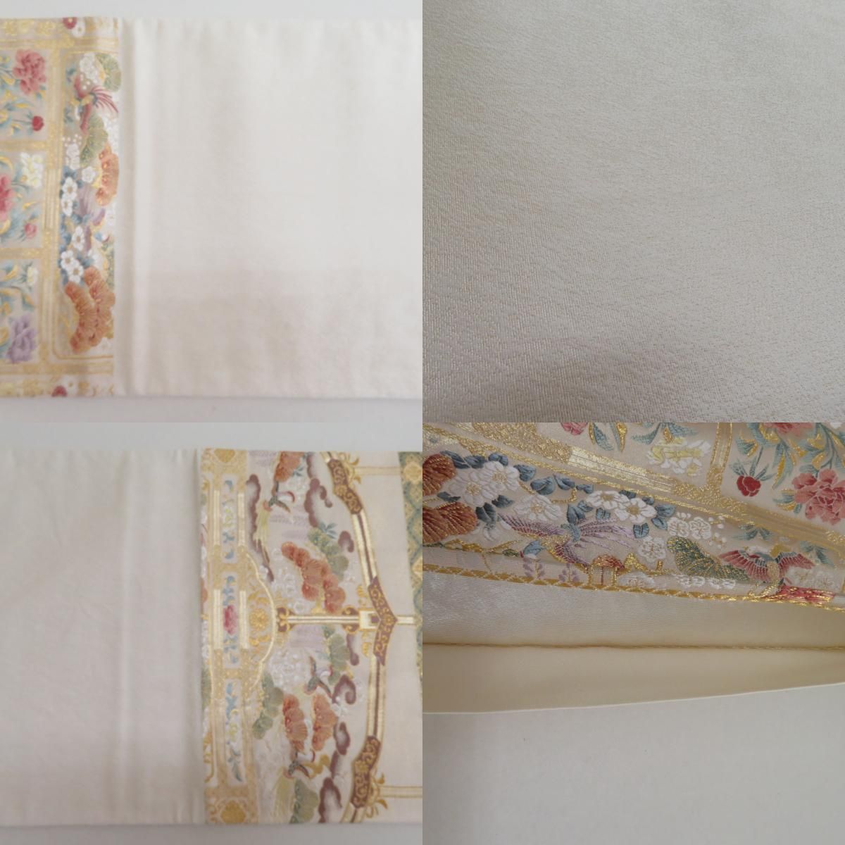 袋帯 正絹 金糸 金色x多色 花鳥に兎文様 六通柄 フォーマル 礼装 長さ