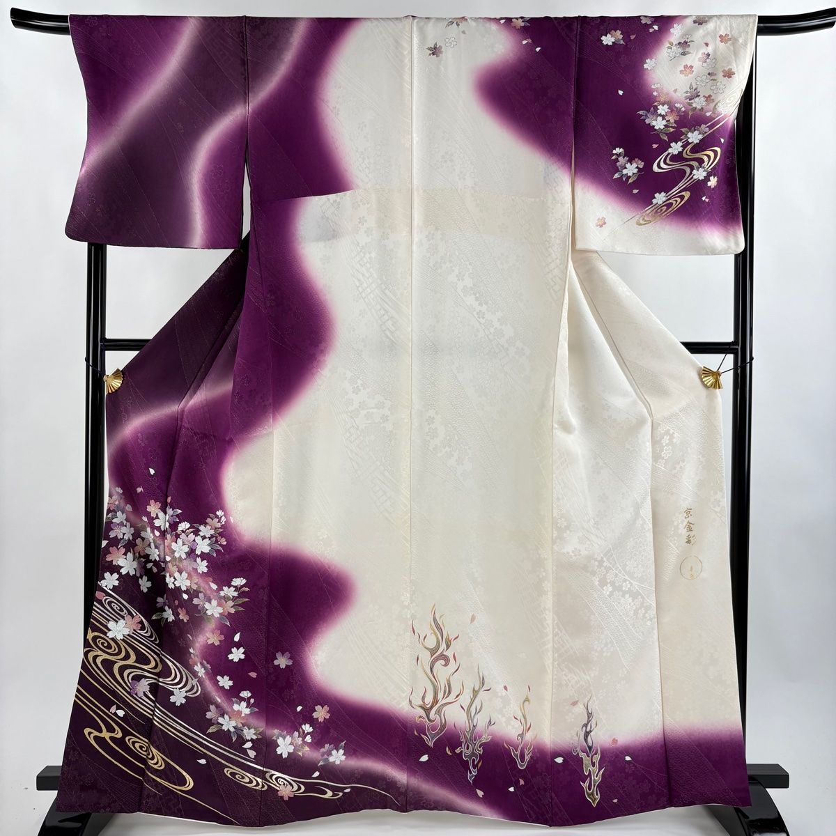 訪問着 身丈165.5cm 裄丈69cm L 袷 京金彩 華陽 落款 桜 流水 金銀彩 染め分け 濃紫 正絹