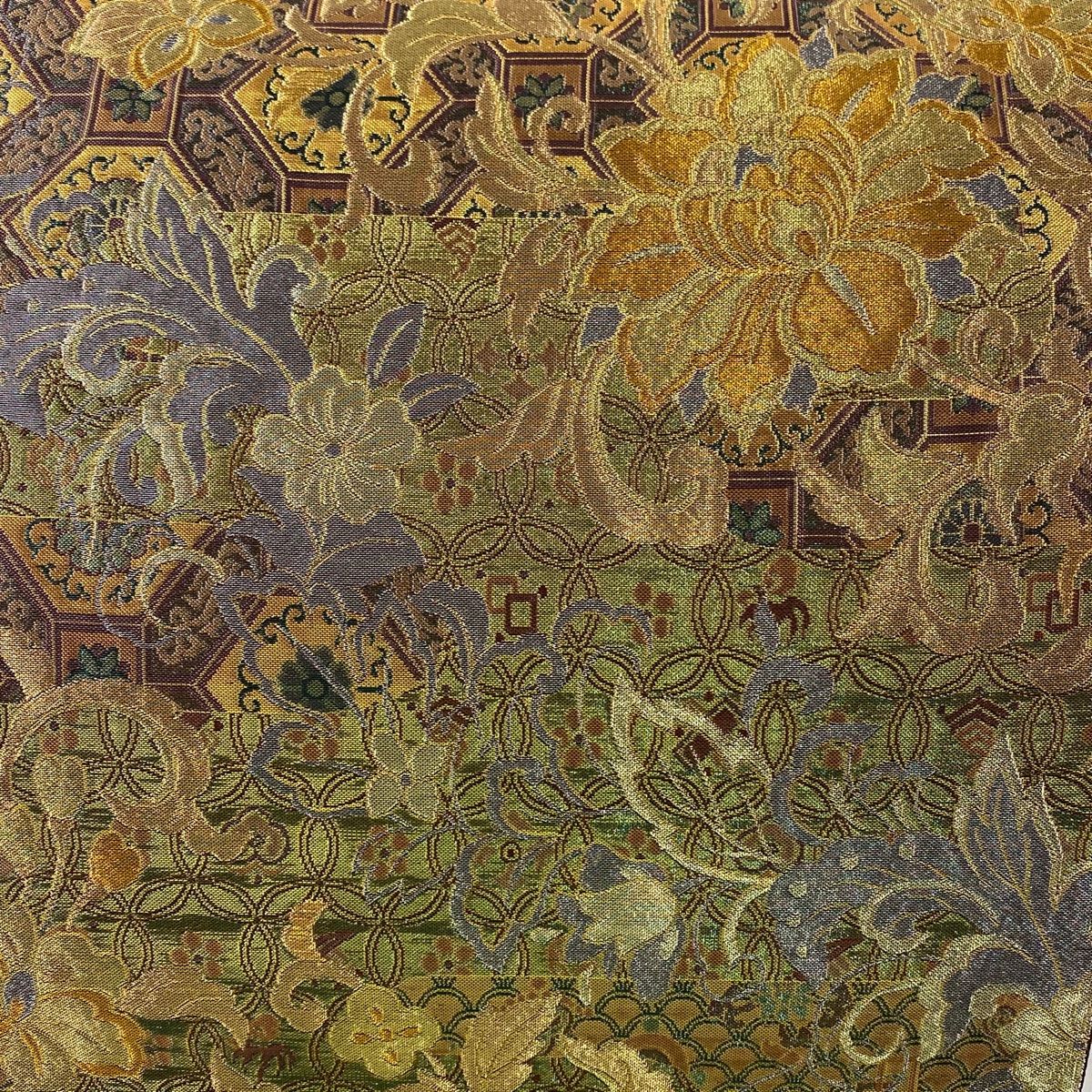 袋帯 秀品 草花 蜀江文 金銀糸 箔 金茶 六通 正絹